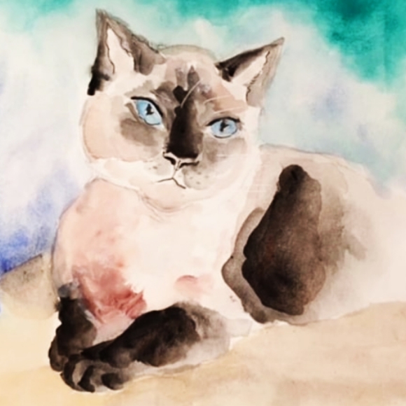 Original signed Watercolor. "Puss", Siamese cat. Pet Portrait. - Picture 6 of 9